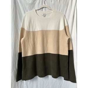 J. Crew Ivory Beige Green Color Block Extra Soft Long Sleeve Pullover Sweater XL
